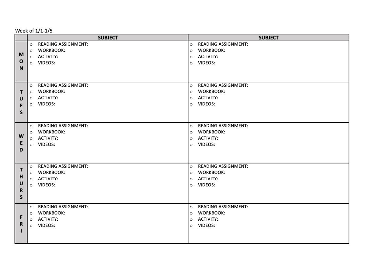 Fillable Weekly Student Planner for Guest Hollow Courses