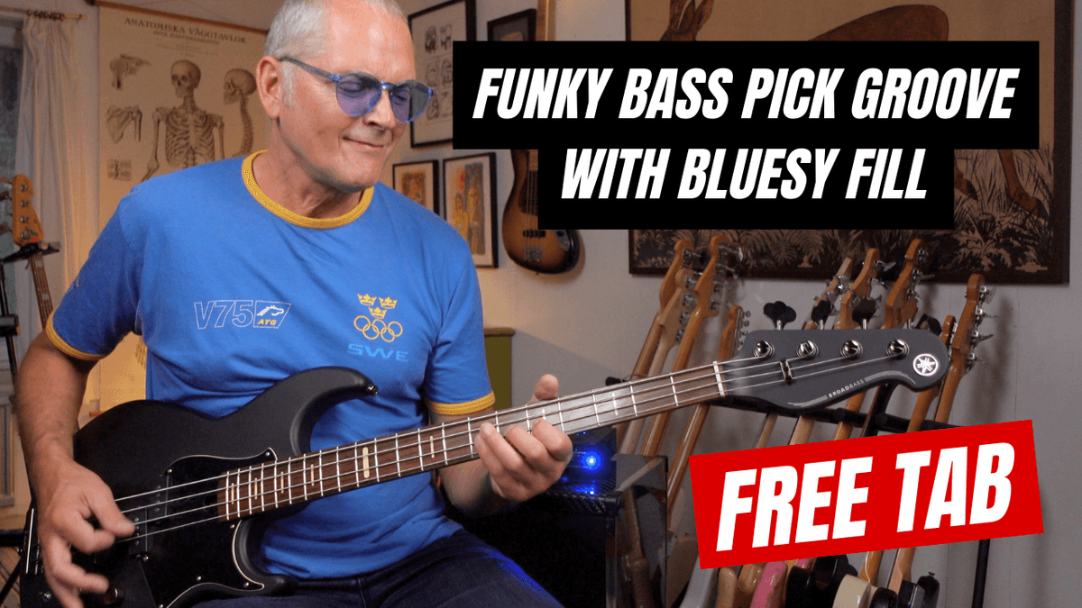 NL38 Funky Pick Bass w bluesy Fill - Guitar Pro, backing track mp3, Soundslice and pdf