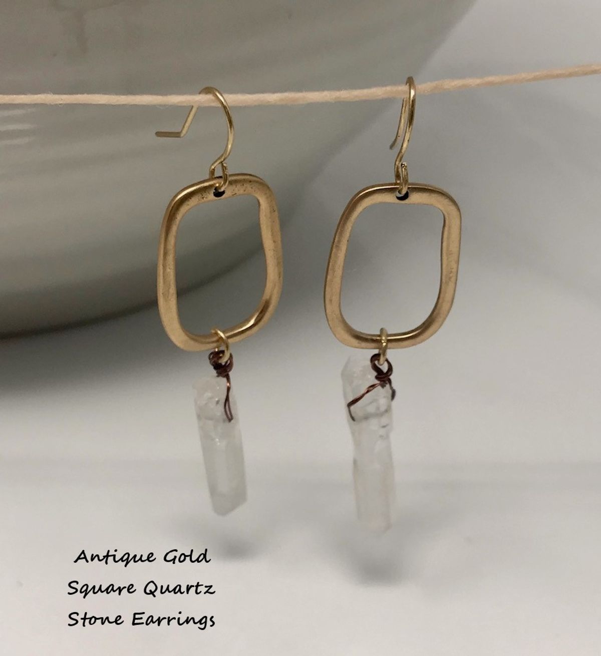 Antique Gold Square Quarts Stone Earrings