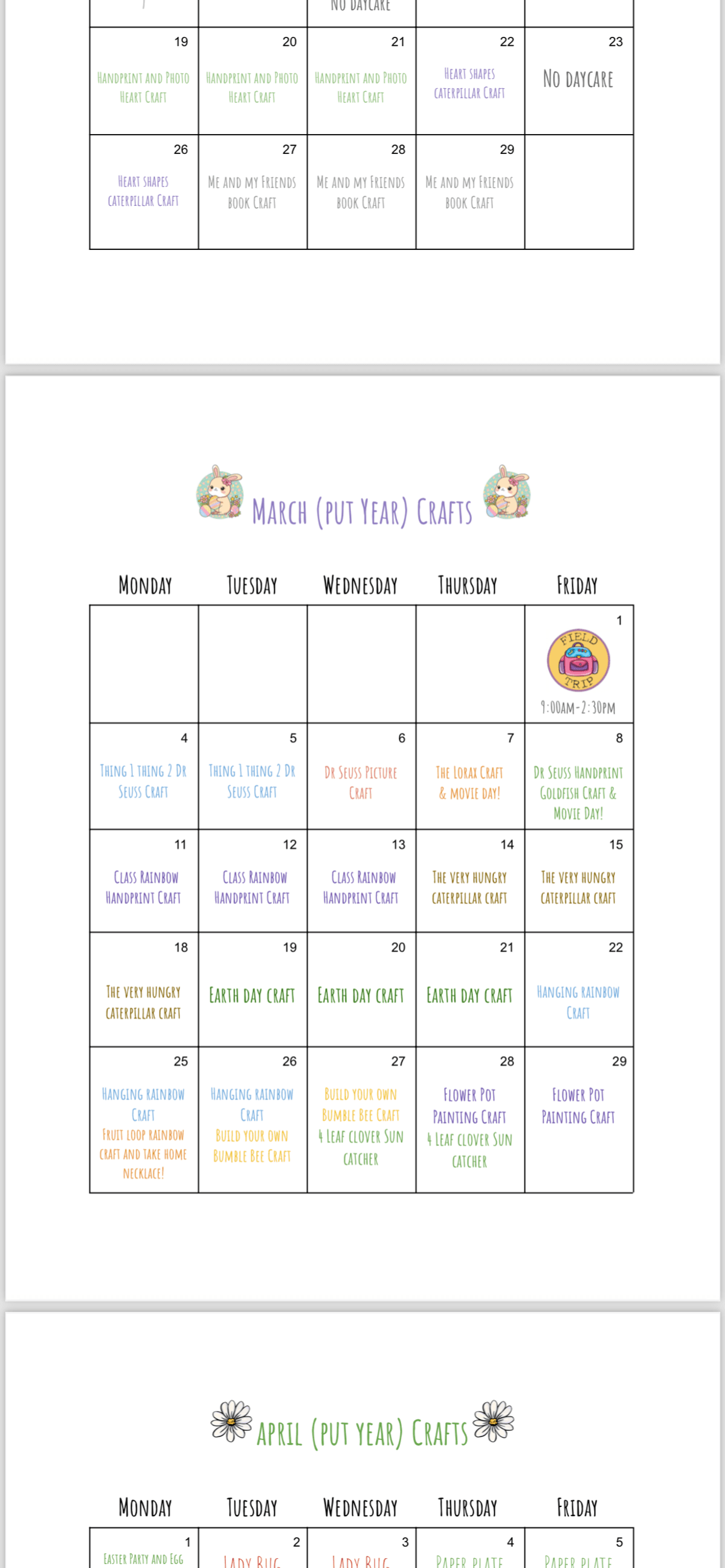 12 Month Craft Calendars  (PDF)