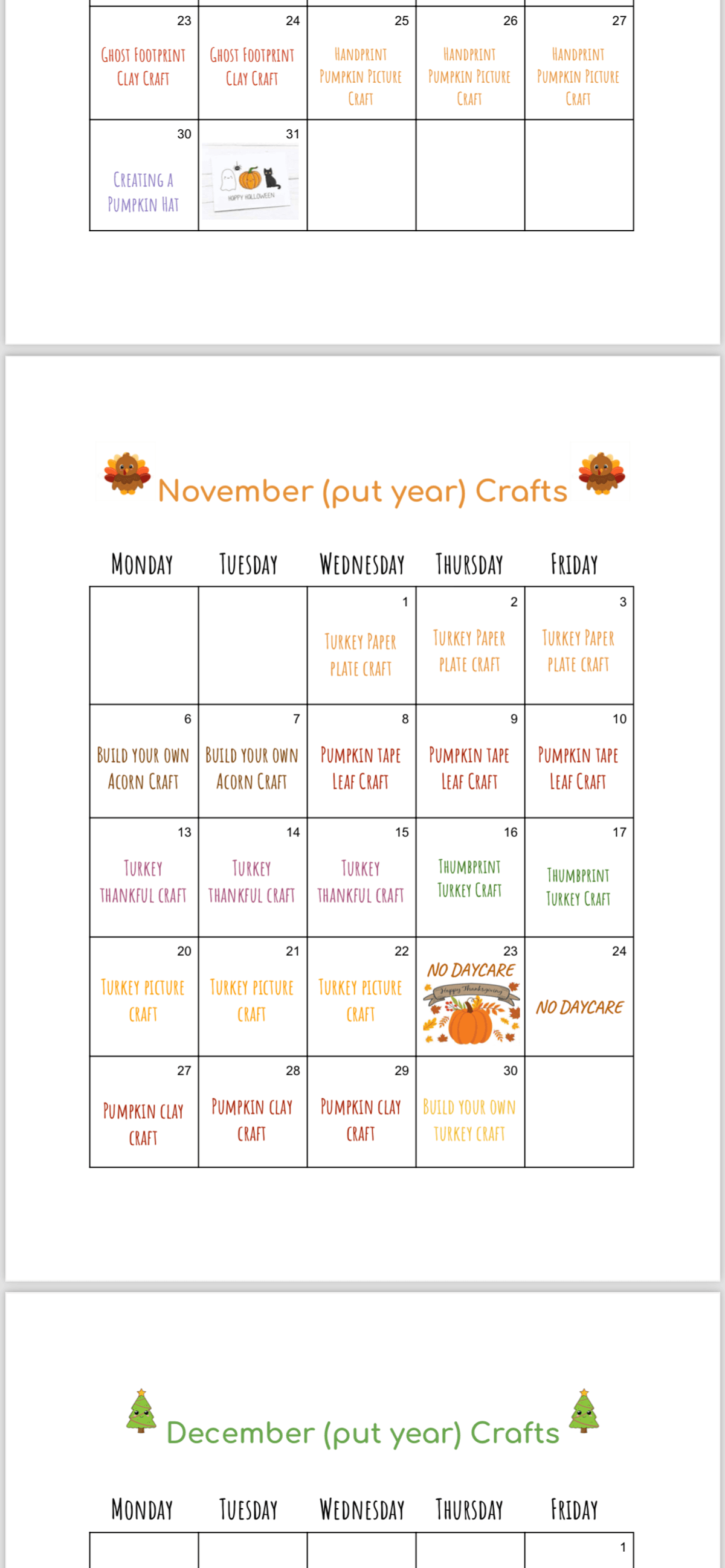 12 Month Craft Calendars  (PDF)