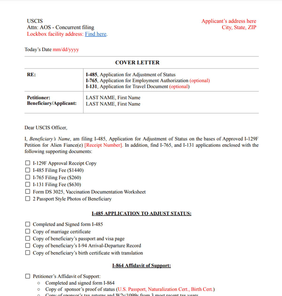 I 485 Sample Cover Letter