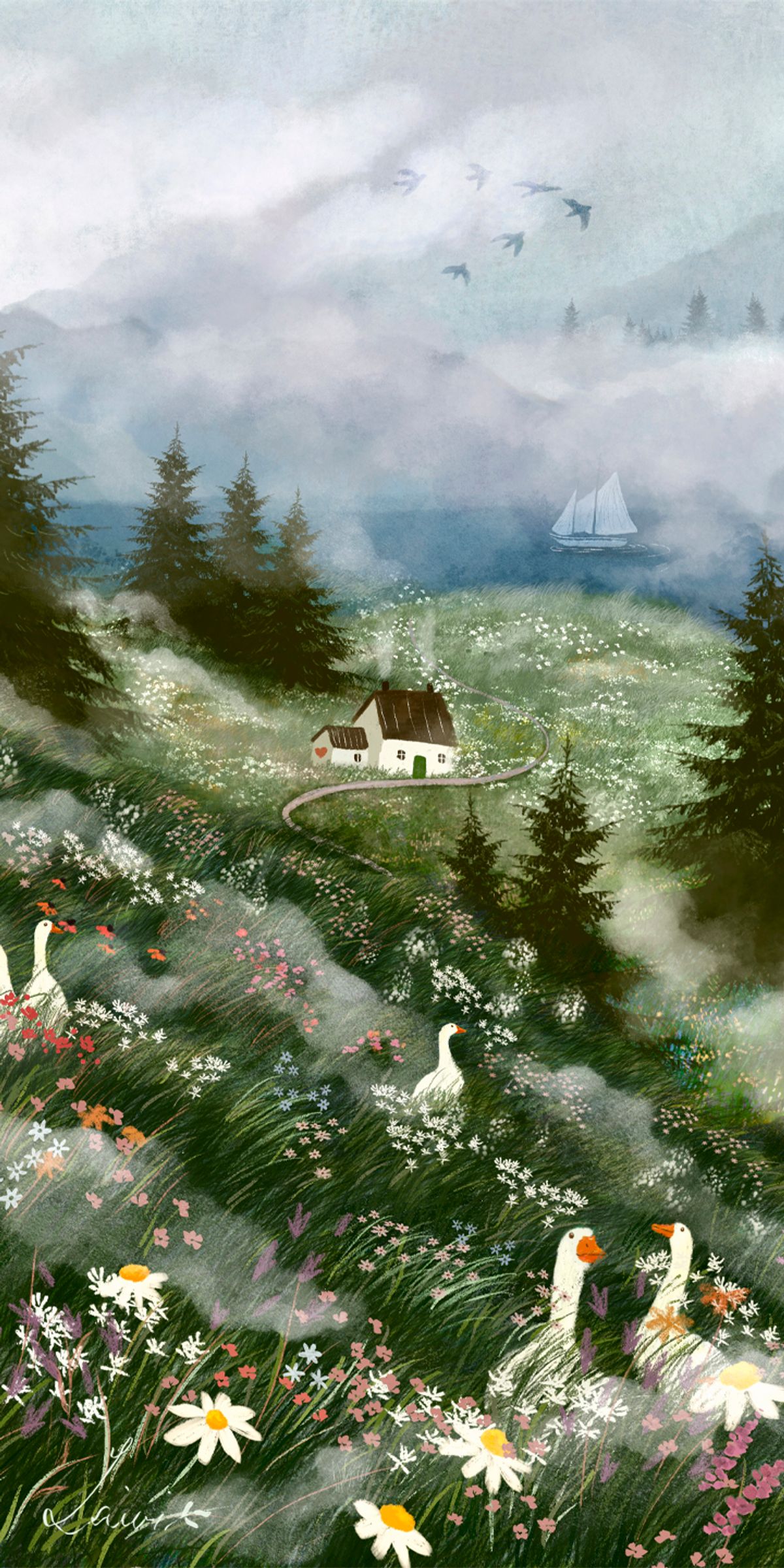 Misty Summer's Tale illustration phone wallpaper🌲🌼