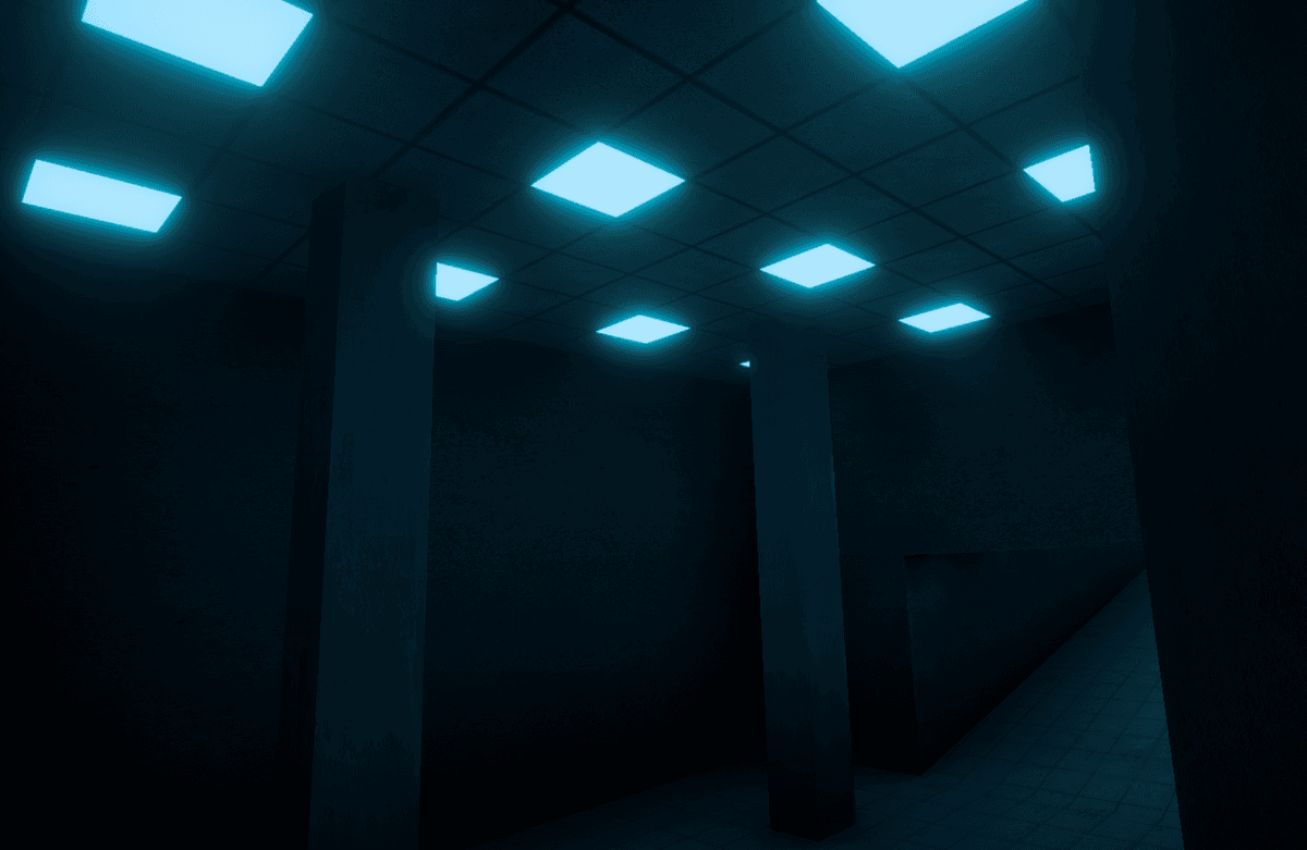 Indoor Map With Blue Ceiling Lights And A Caves Joined On To It
