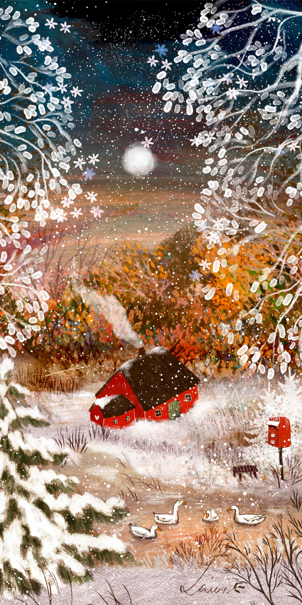 Winter at Home illustration phone wallpaper 🌲✨