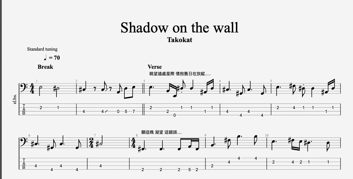 Shadow on the wall - Takokat (Bass TAB)