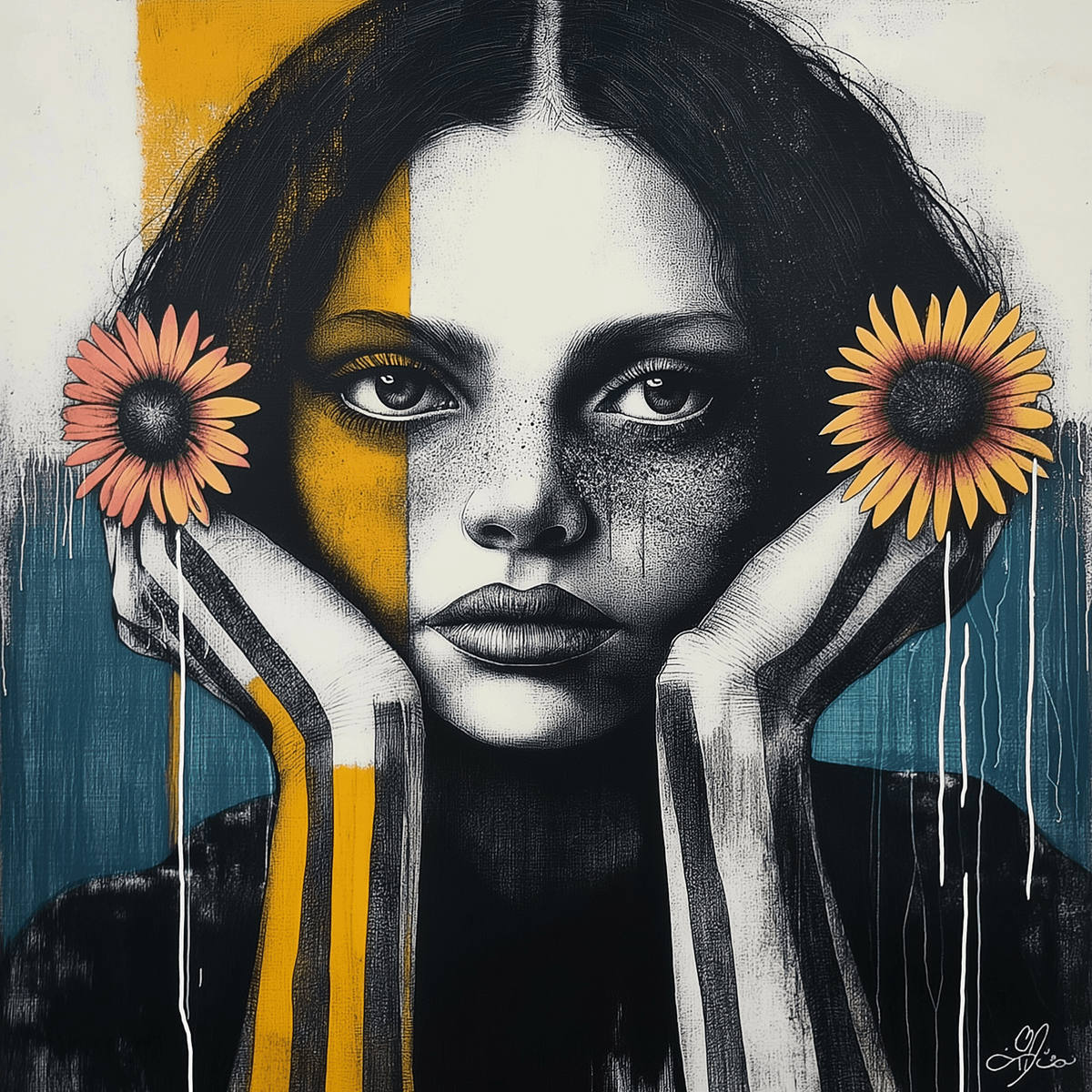 Her Art &ndash; Digital Print | Modern Portrait with Sunflowers | High-Resolution Wall Art