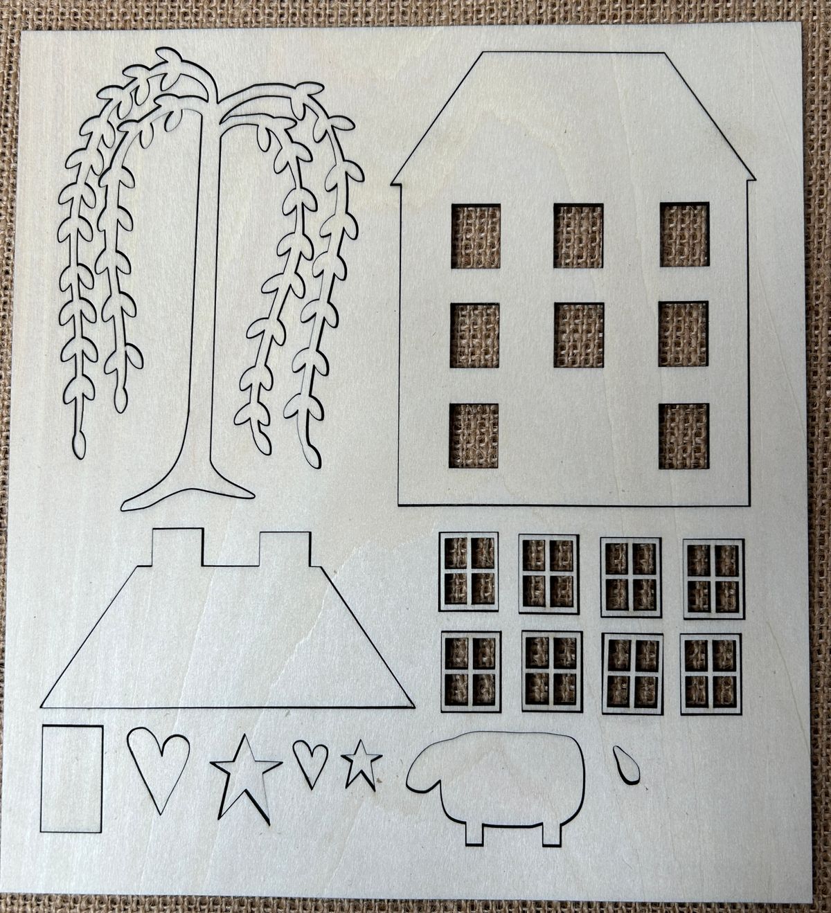 Digital Download SVG For Saltbox House With Willow Tree Sheep Stars and Hearts