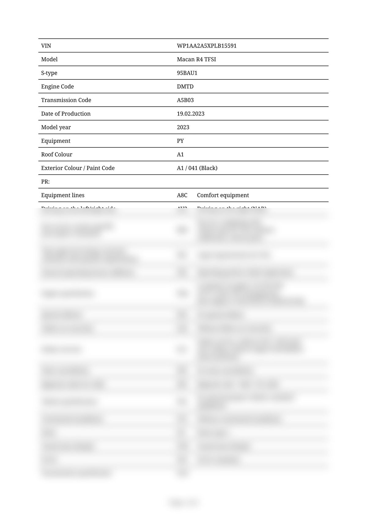 Build Sheet VIN WP1AA2A5XPLB15591