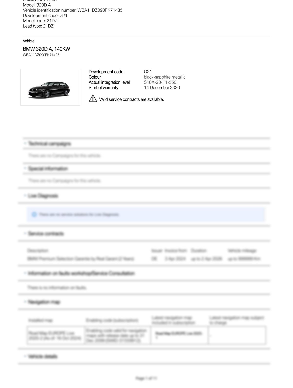 Service History Report VIN WBA11DZ090FK71435