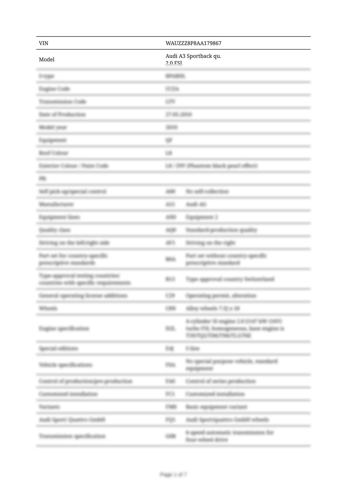 Build Sheet VIN WAUZZZ8P8AA179867