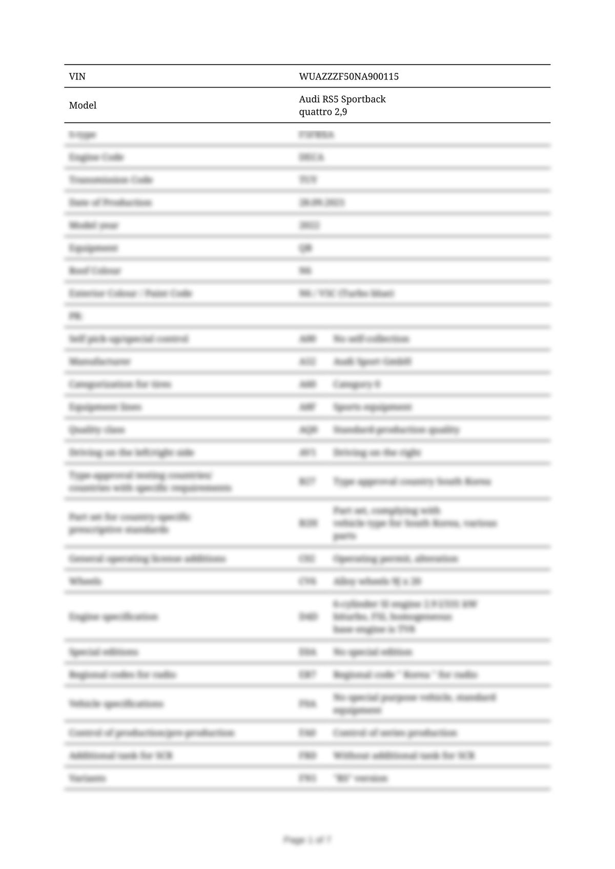 Build Sheet VIN WUAZZZF50NA900115