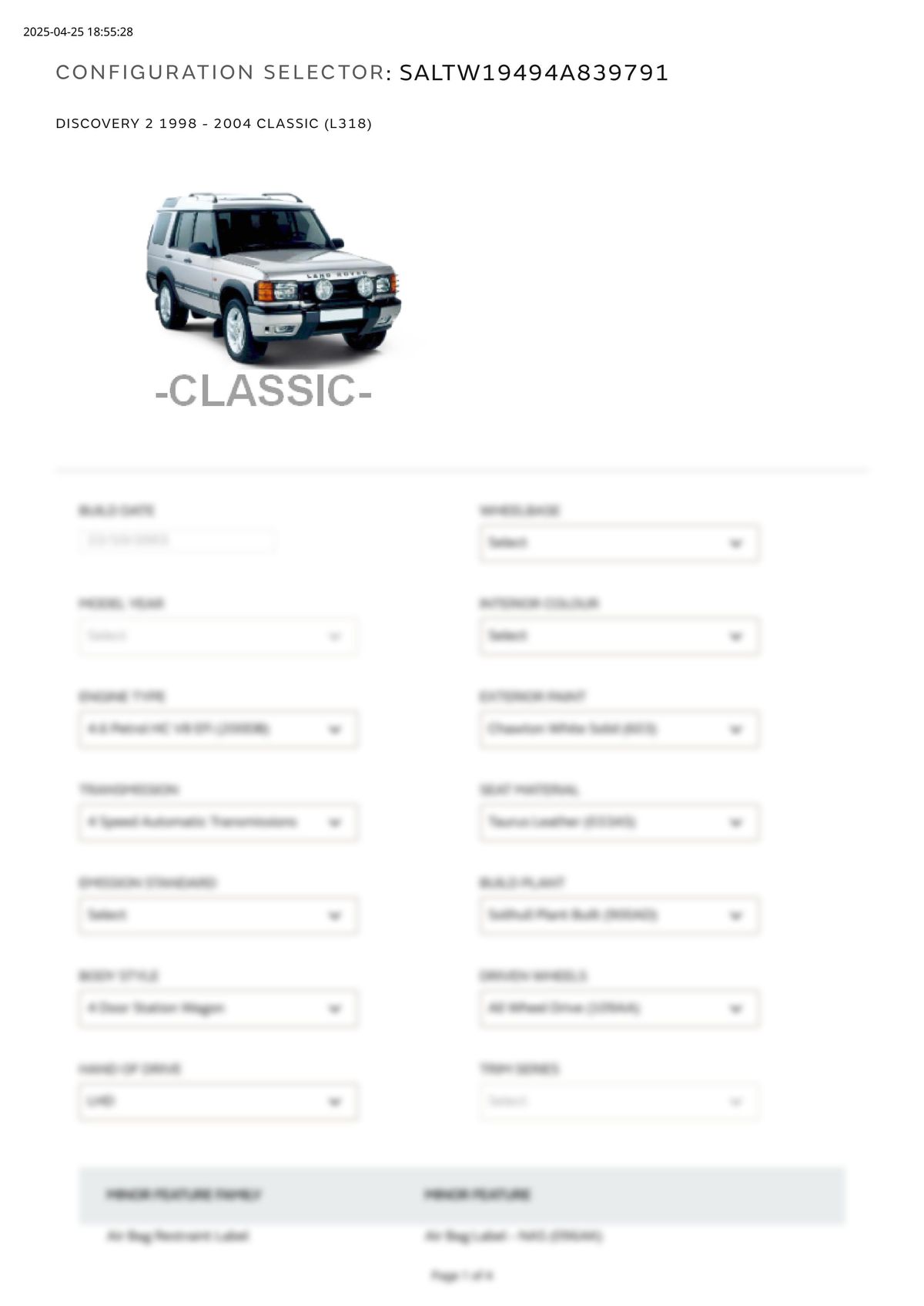 Build Sheet VIN SALTW19494A839791