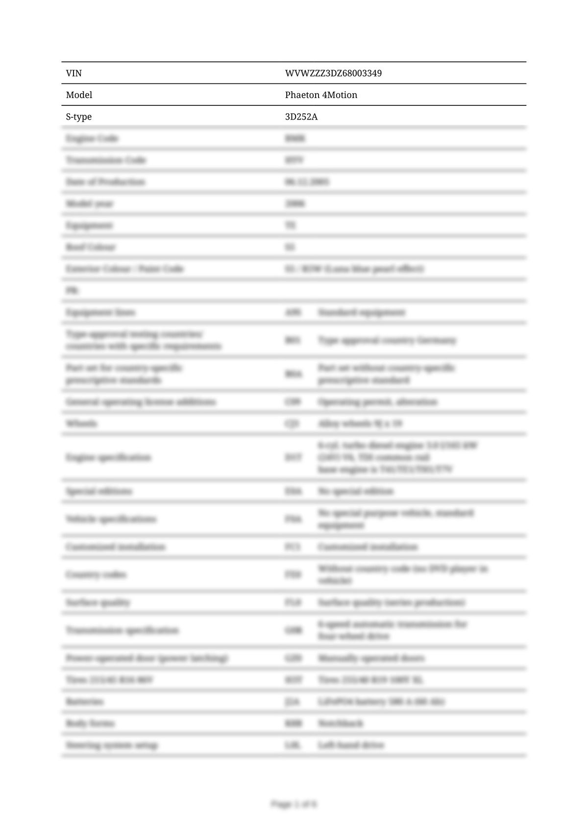 Build Sheet VIN WVWZZZ3DZ68003349