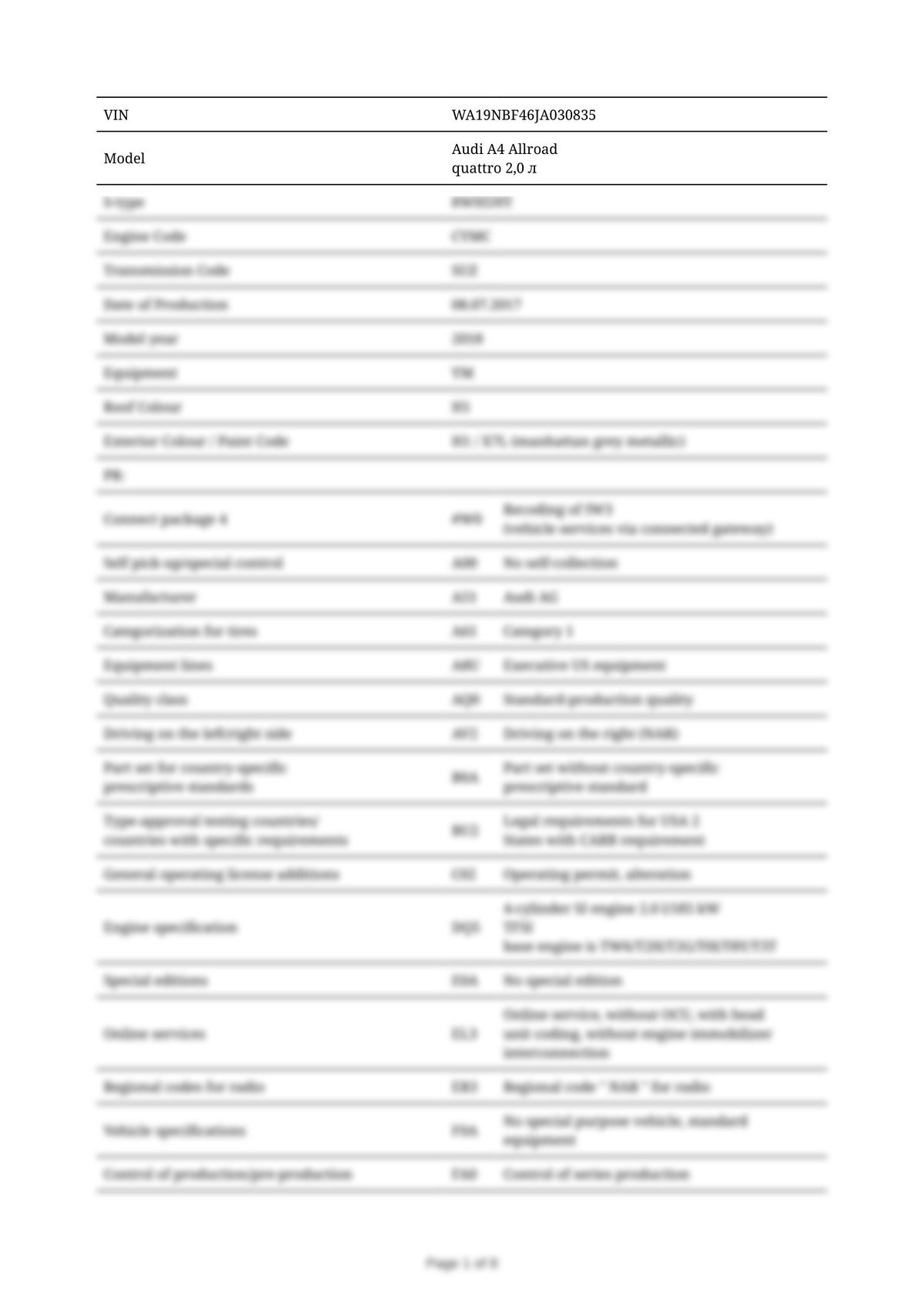 Build Sheet VIN WA19NBF46JA030835