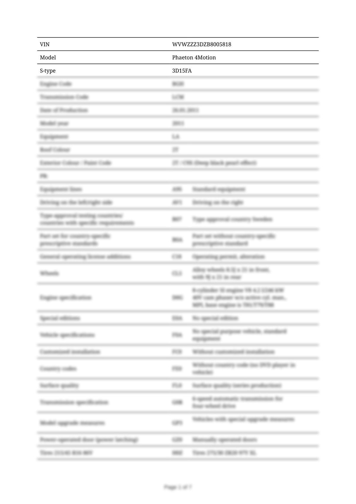 Build Sheet VIN WVWZZZ3DZB8005818