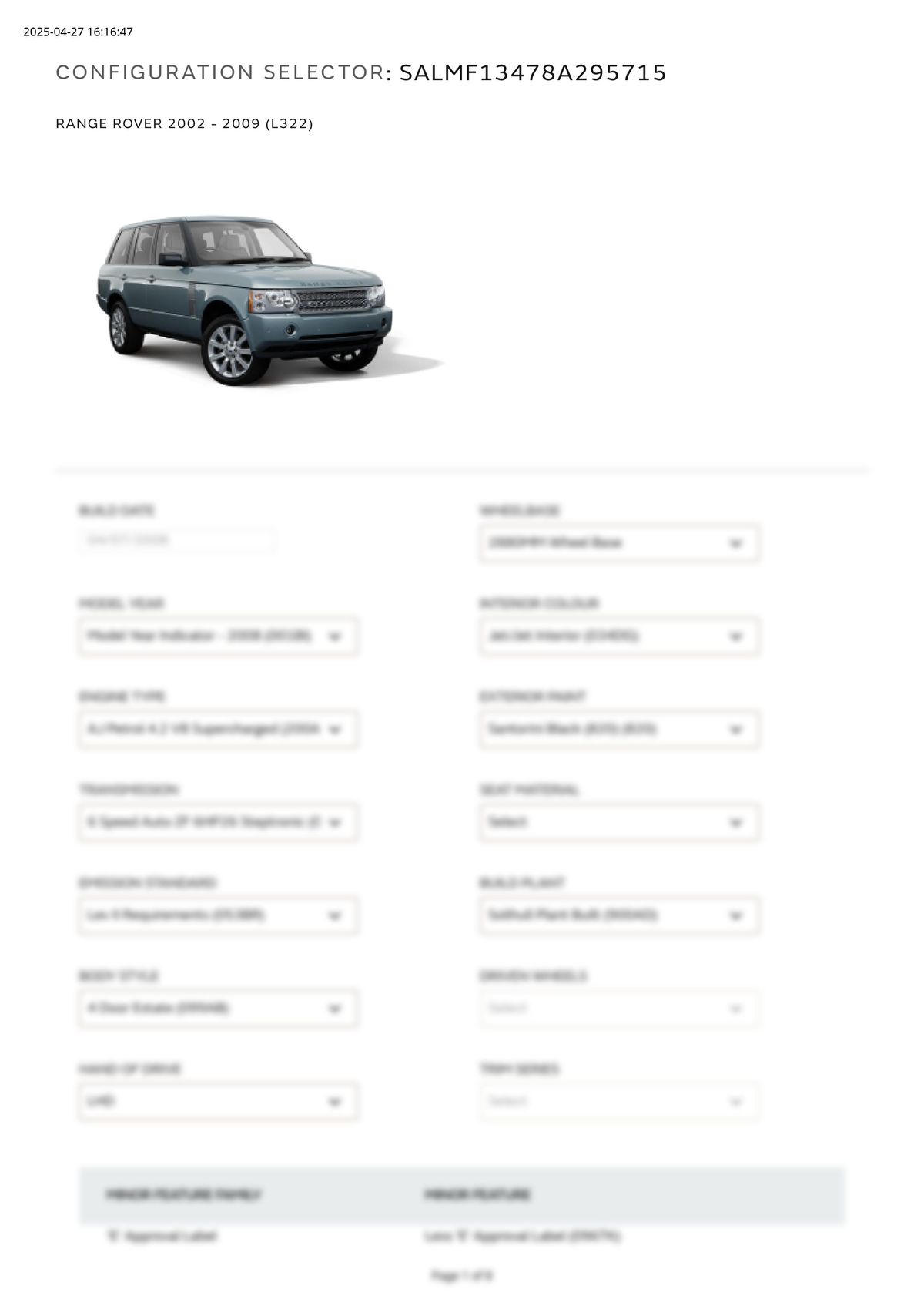 Build Sheet VIN SALMF13478A295715
