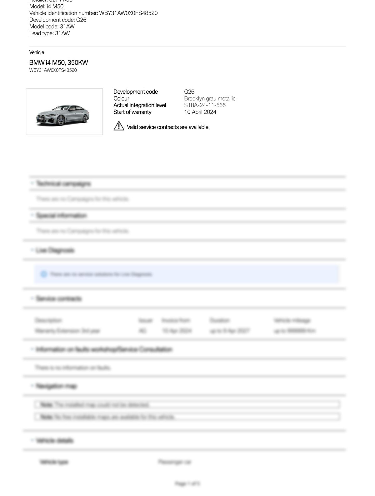 Service History Report VIN WBY31AW0X0FS48520