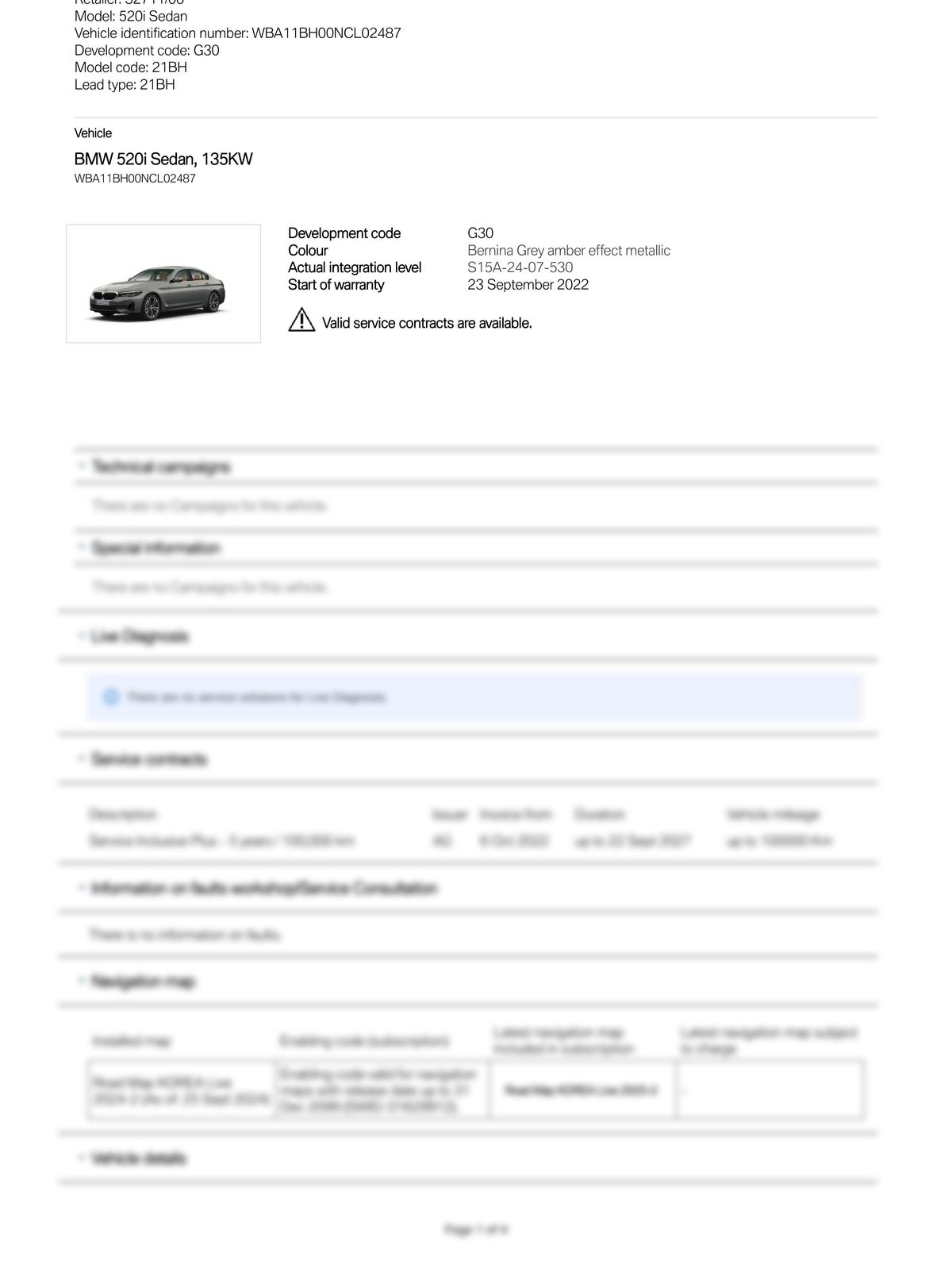 Service History Report VIN WBA11BH00NCL02487