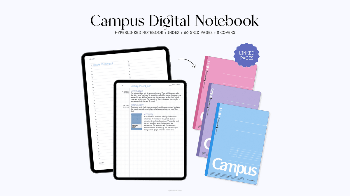 Campus Digital Notebook Hyperlinked | 60 Grid Pages + Index + 3 Covers