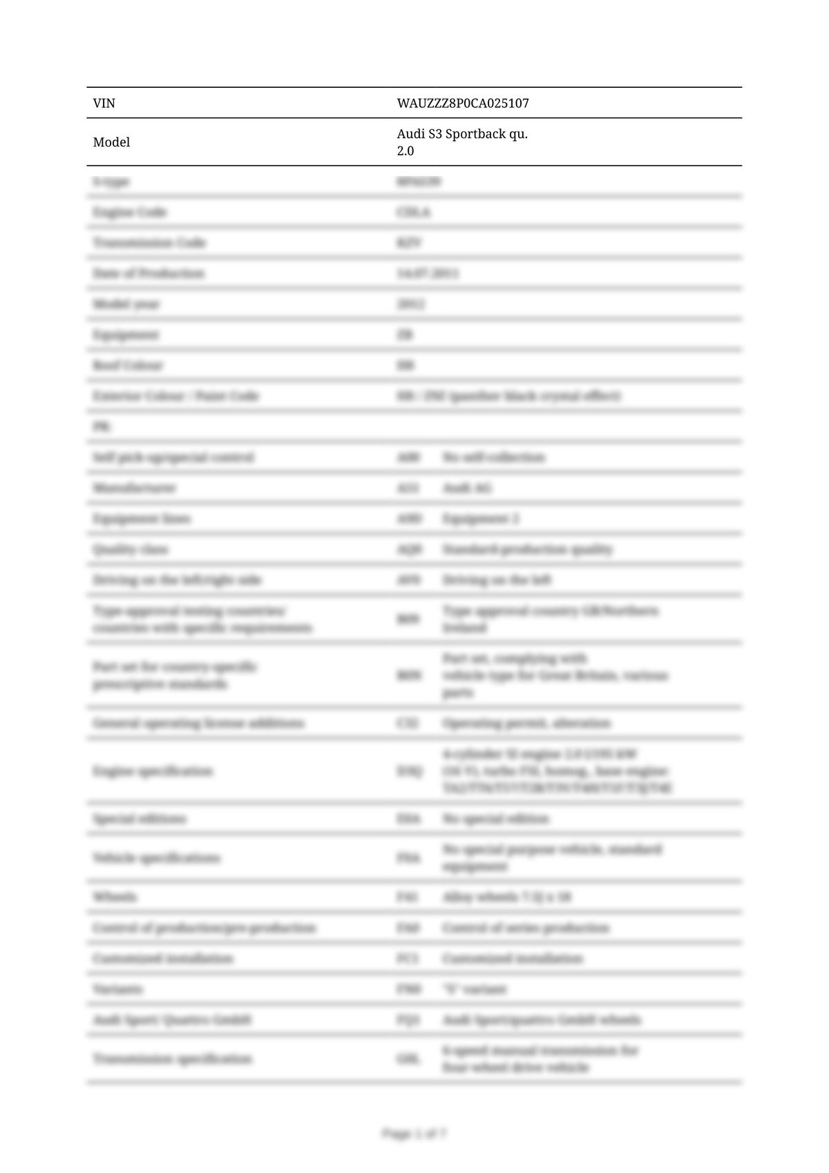 Build Sheet VIN WAUZZZ8P0CA025107