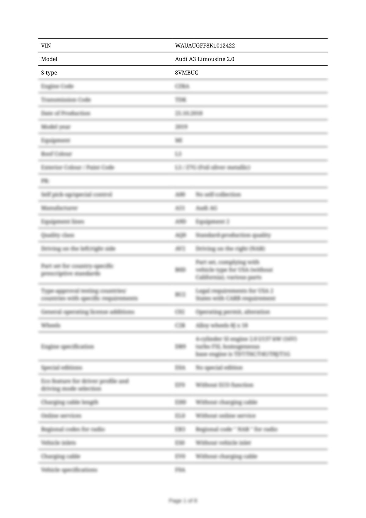 Build Sheet VIN WAUAUGFF8K1012422