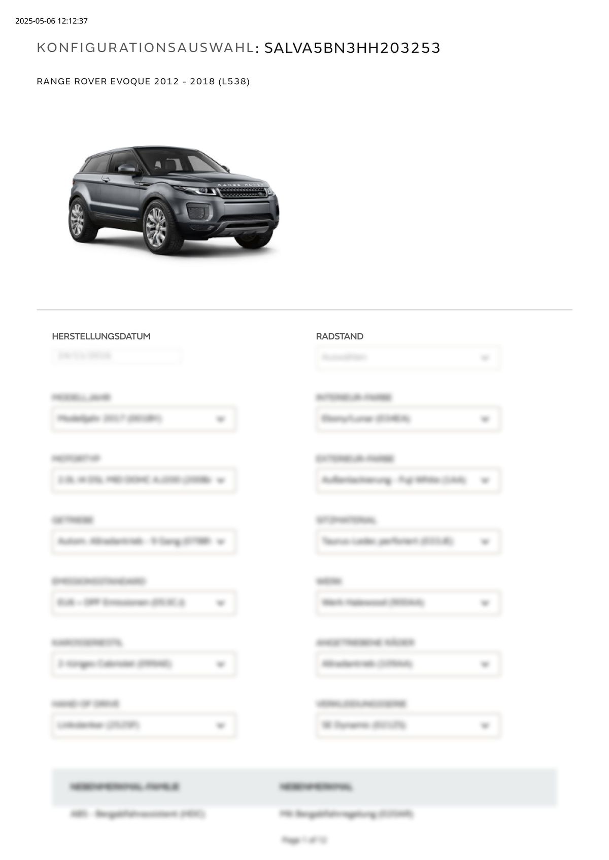 Build Sheet VIN SALVA5BN3HH203253