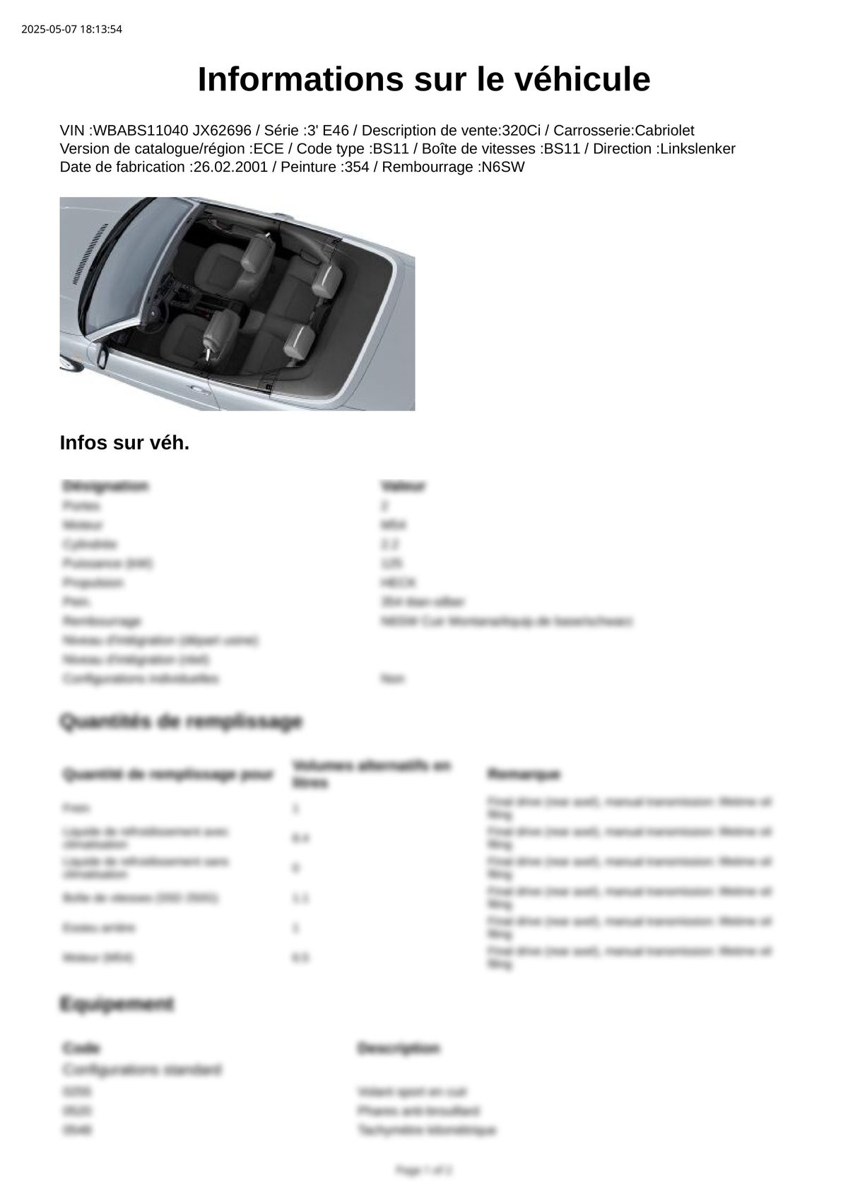 Build Sheet VIN WBABS11040JX62696