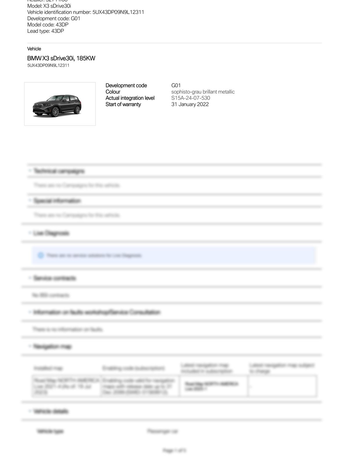Service History Report VIN 5UX43DP09N9L12311
