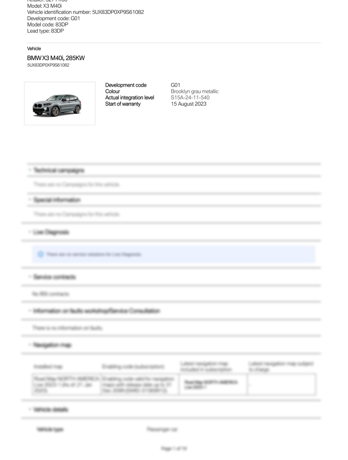 Service History Report VIN 5UX83DP0XP9S61082