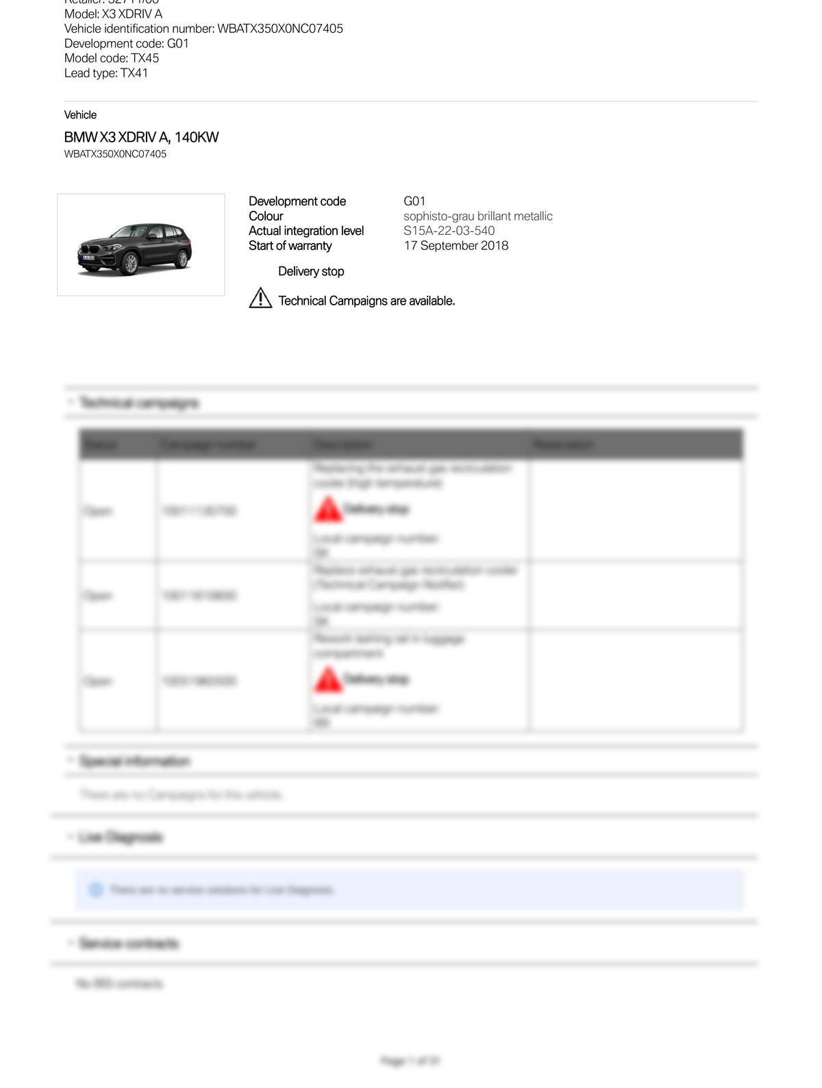 Service History Report VIN WBATX350X0NC07405