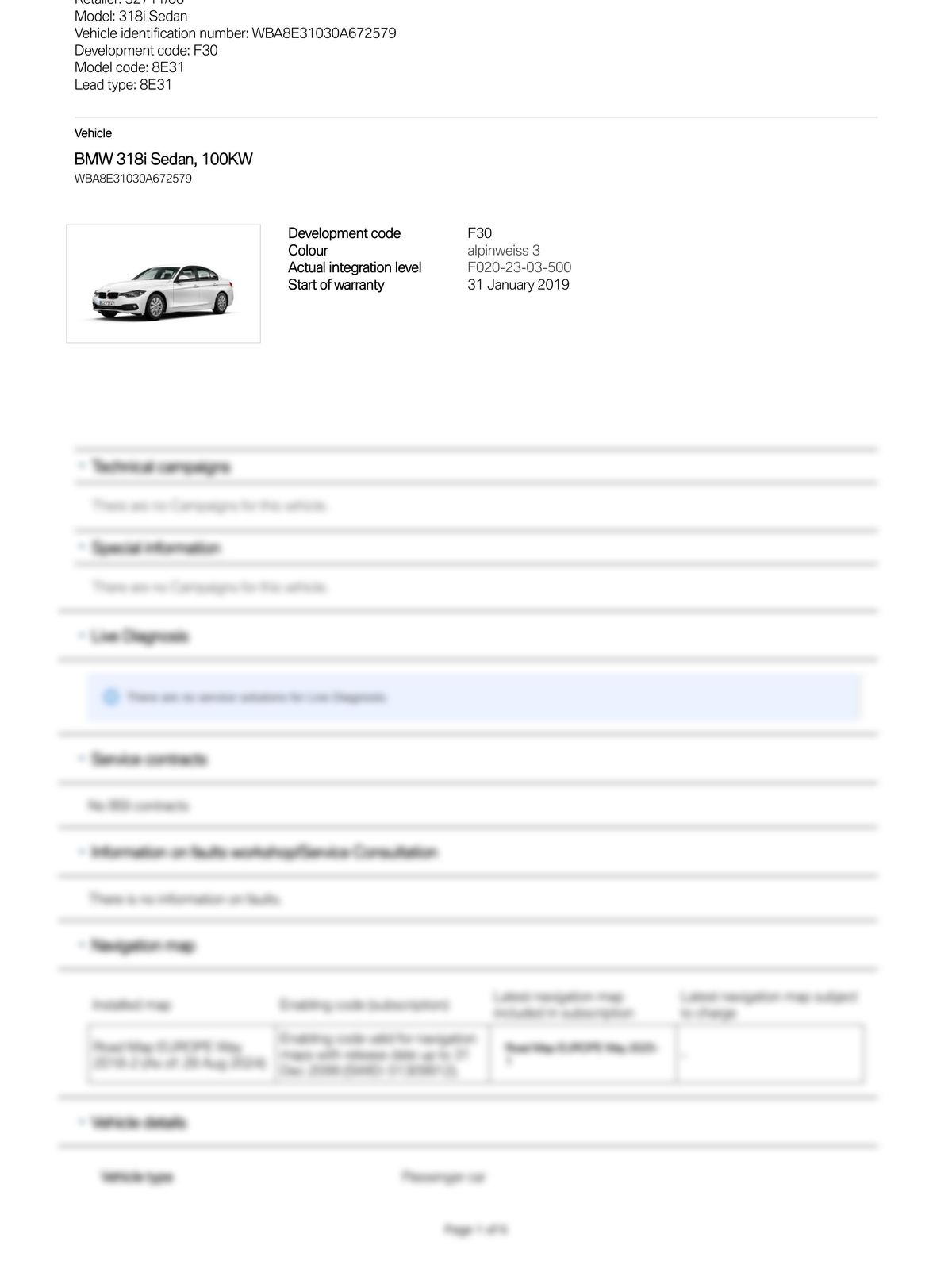 Service History Report VIN WBA8E31030A672579