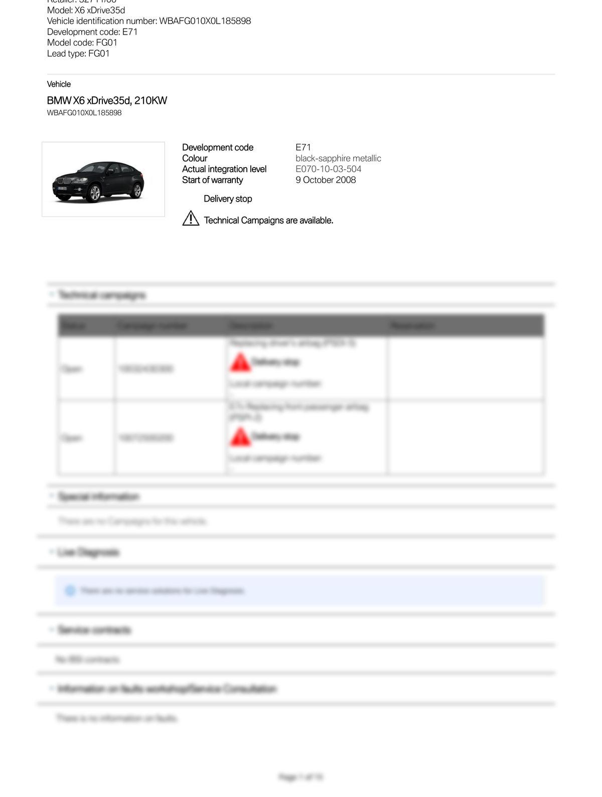 Service History Report VIN WBAFG010X0L185898