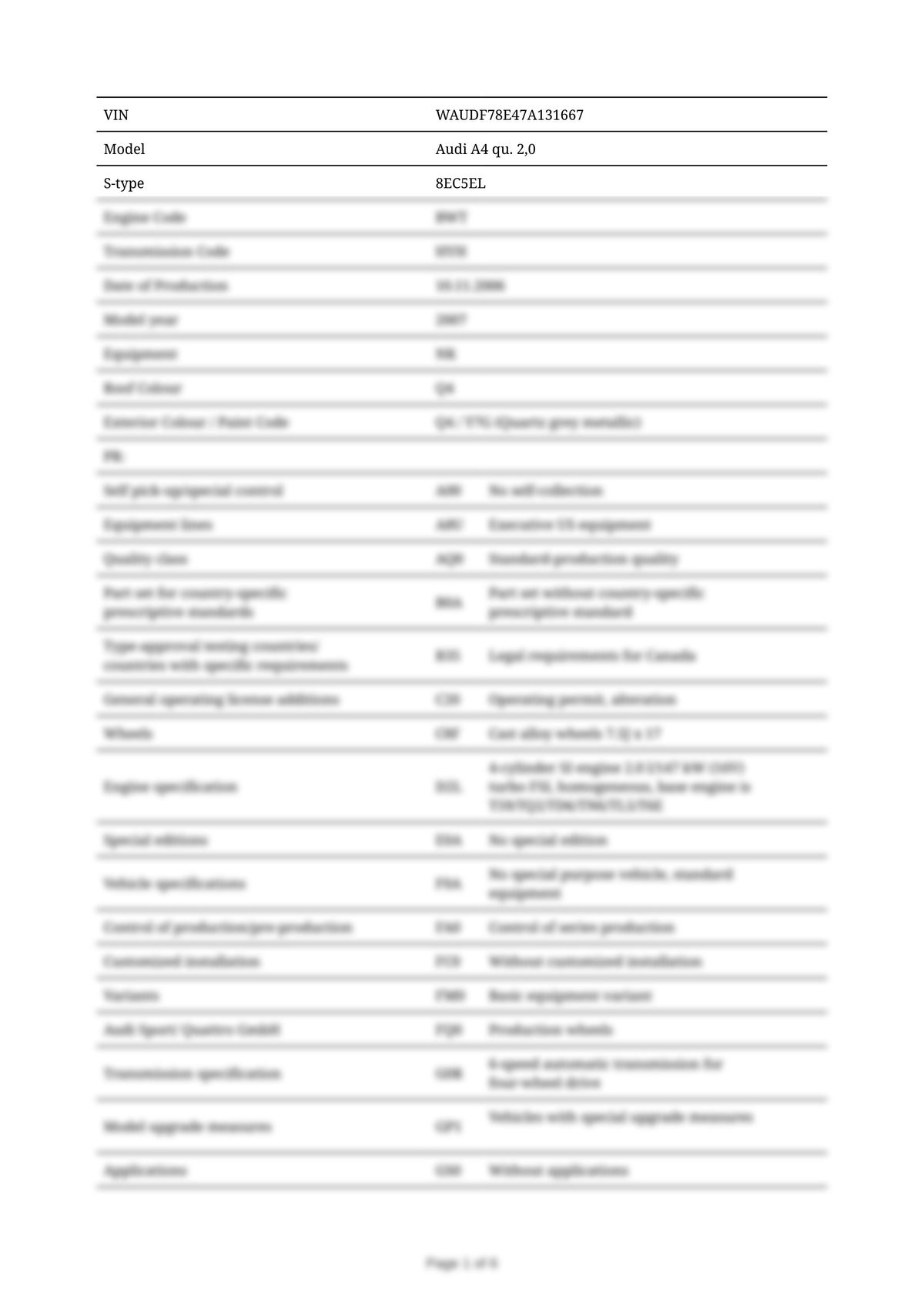 Build Sheet VIN WAUDF78E47A131667
