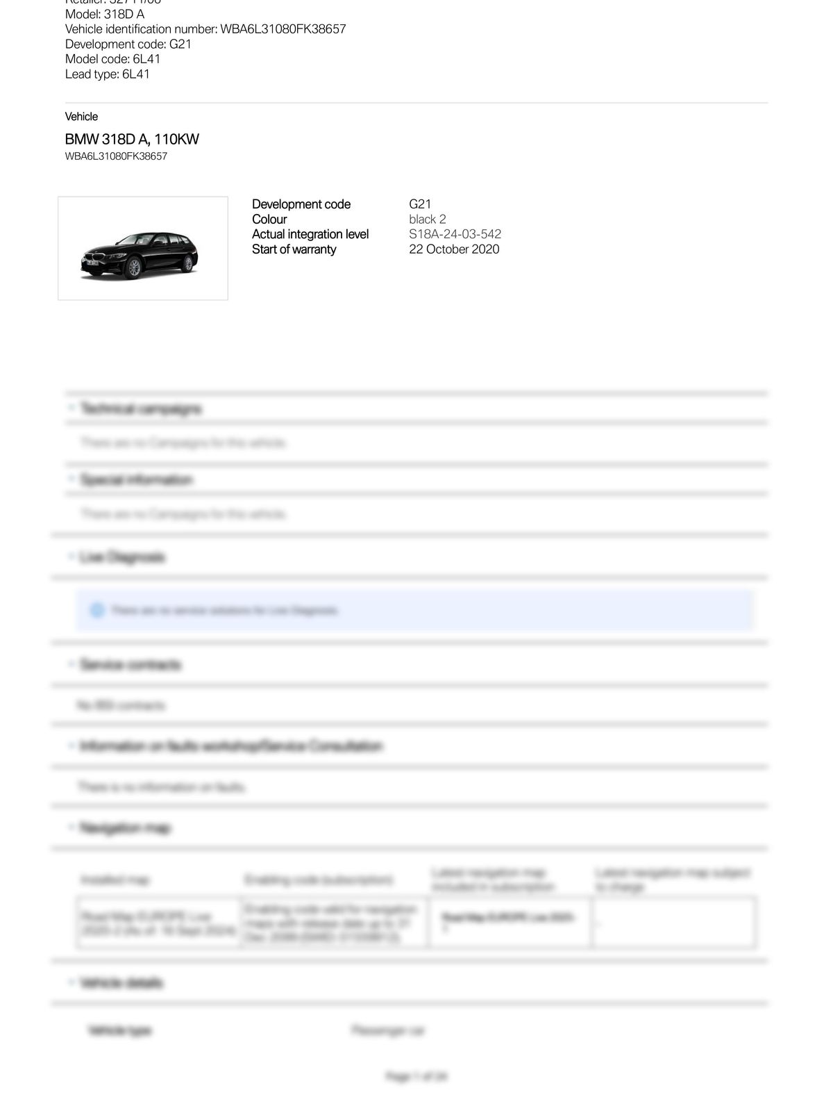Service History Report VIN WBA6L31080FK38657