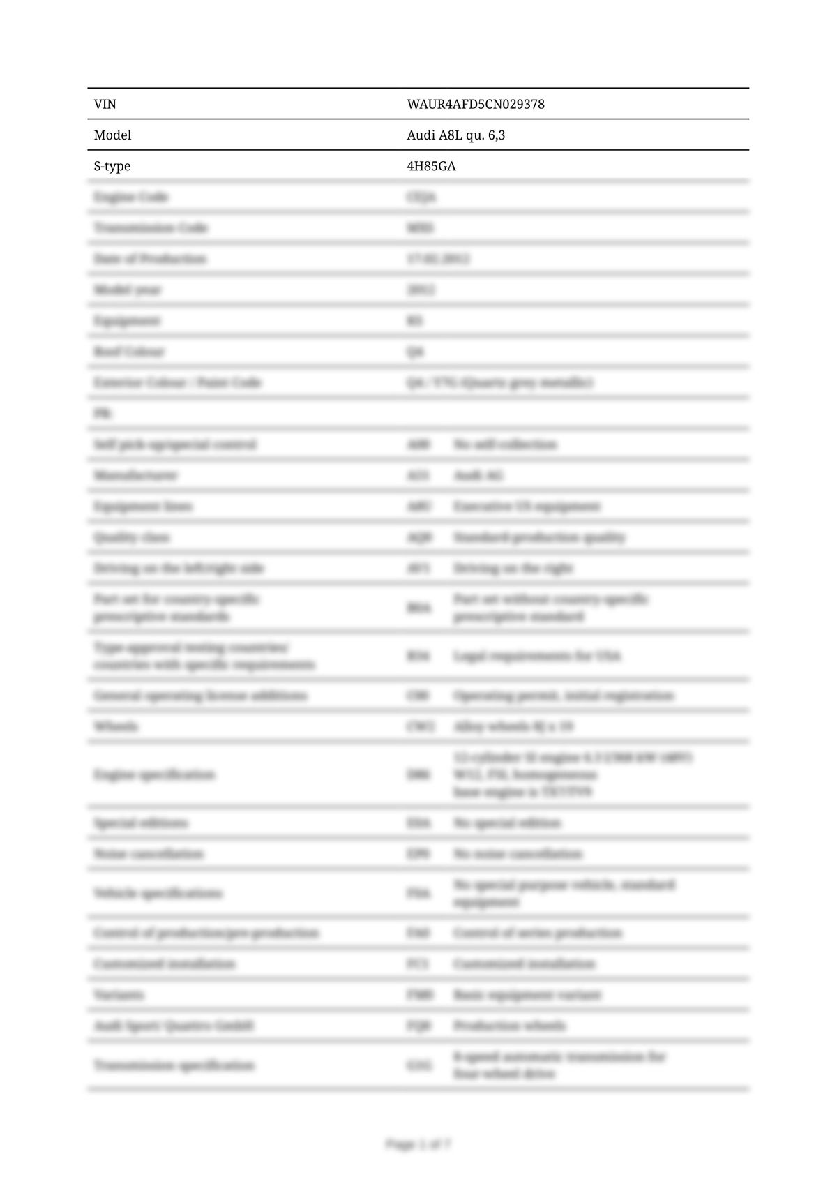 Build Sheet VIN WAUR4AFD5CN029378