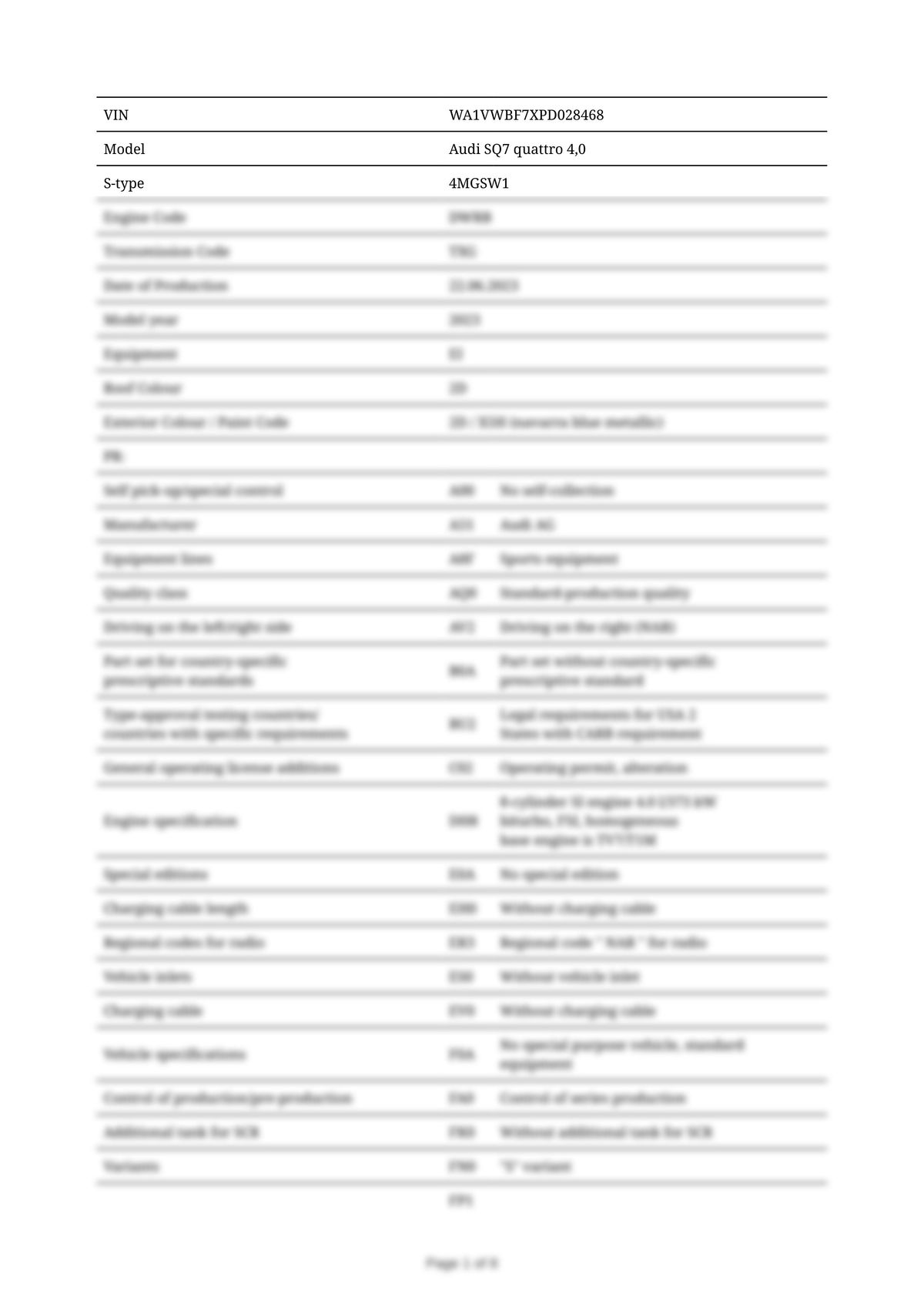 Build Sheet VIN WA1VWBF7XPD028468