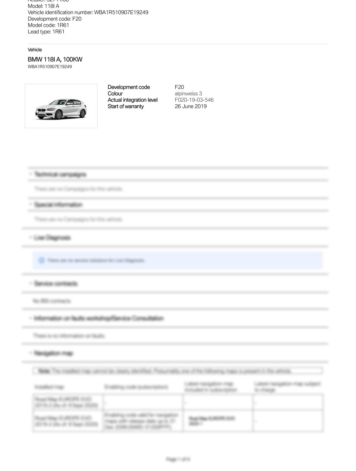Service History Report VIN WBA1R510907E19249