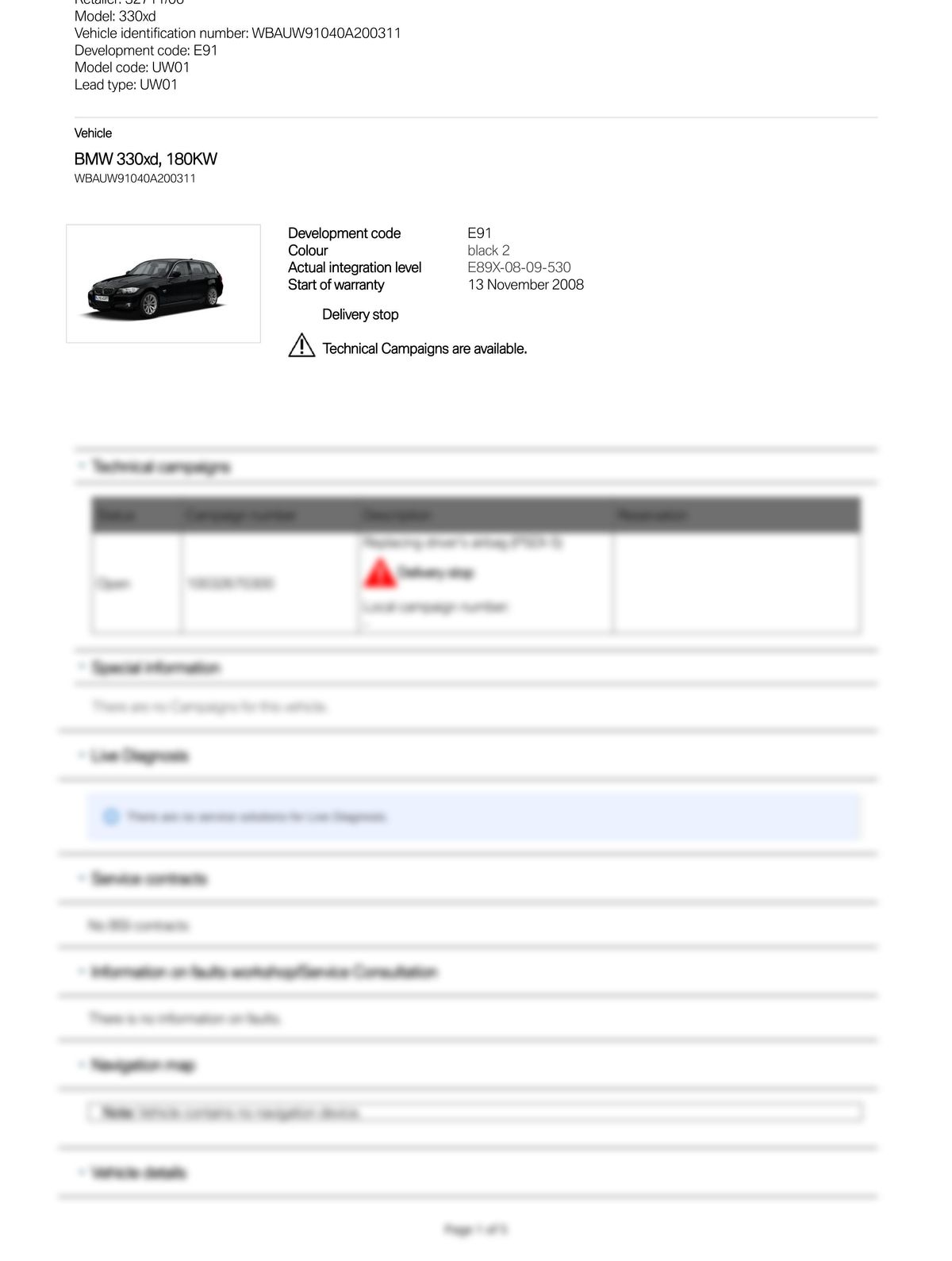 Service History Report VIN WBAUW91040A200311