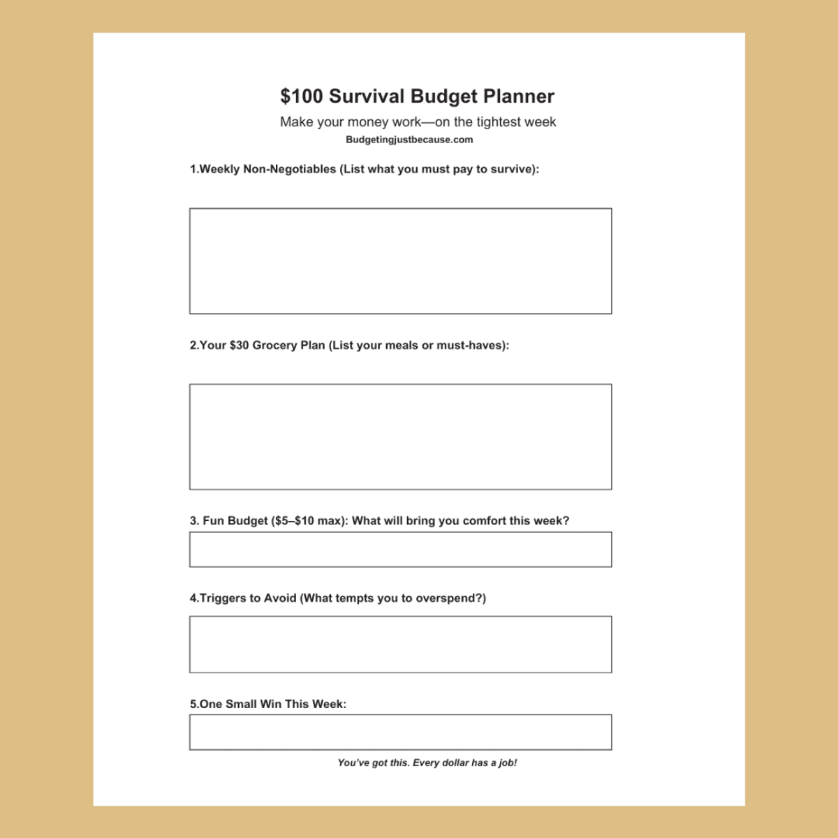 $100 Survival Budget Printable