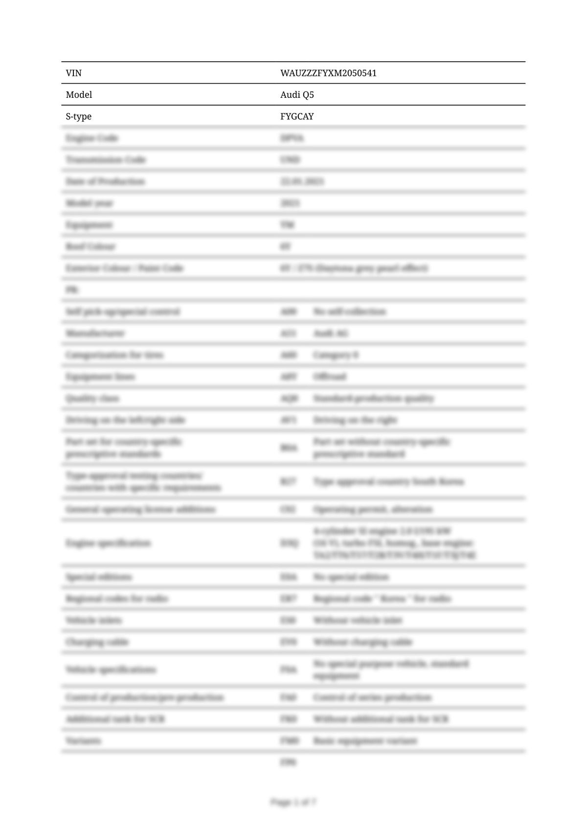 Build Sheet VIN WAUZZZFYXM2050541