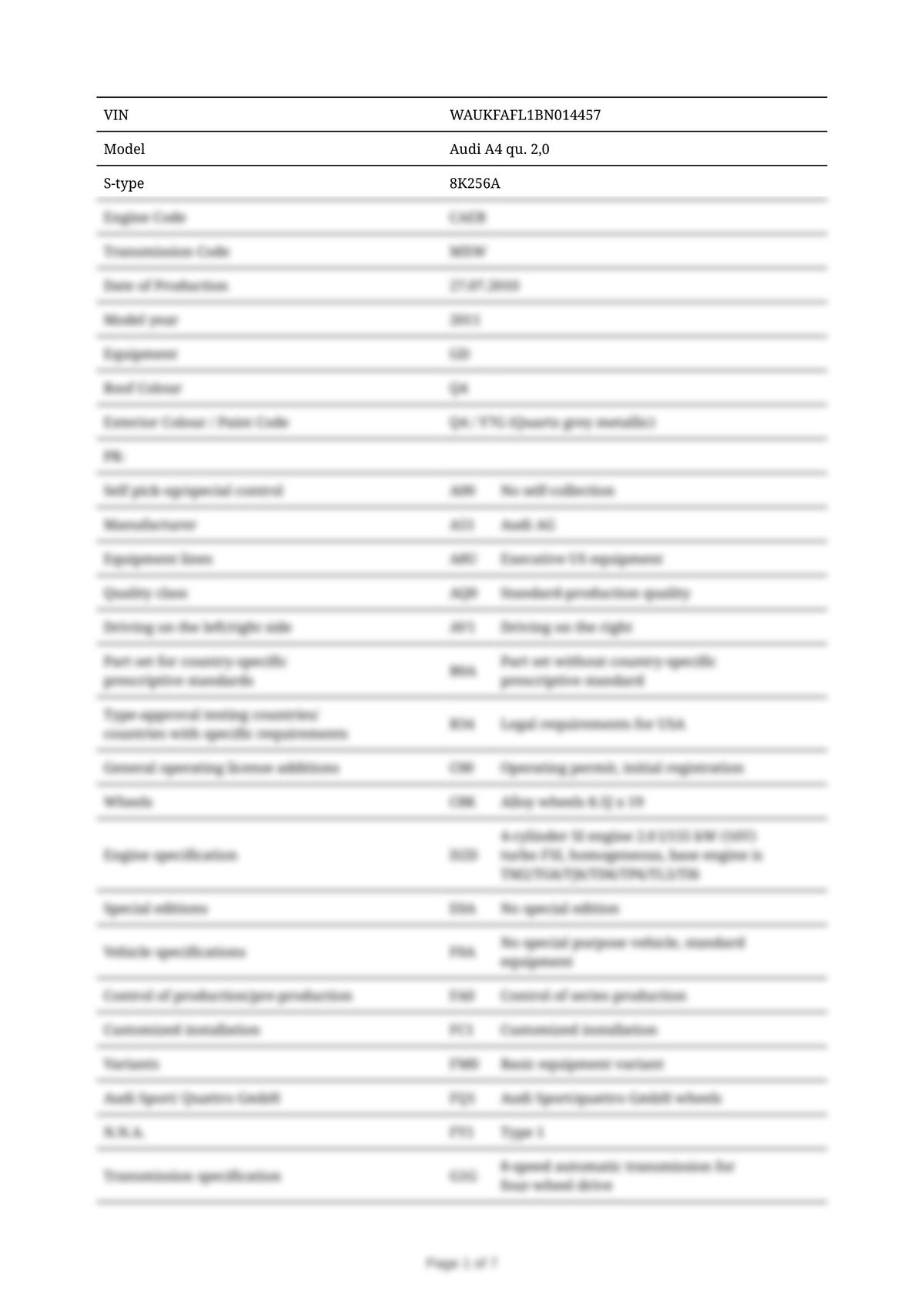 Build Sheet VIN WAUKFAFL1BN014457