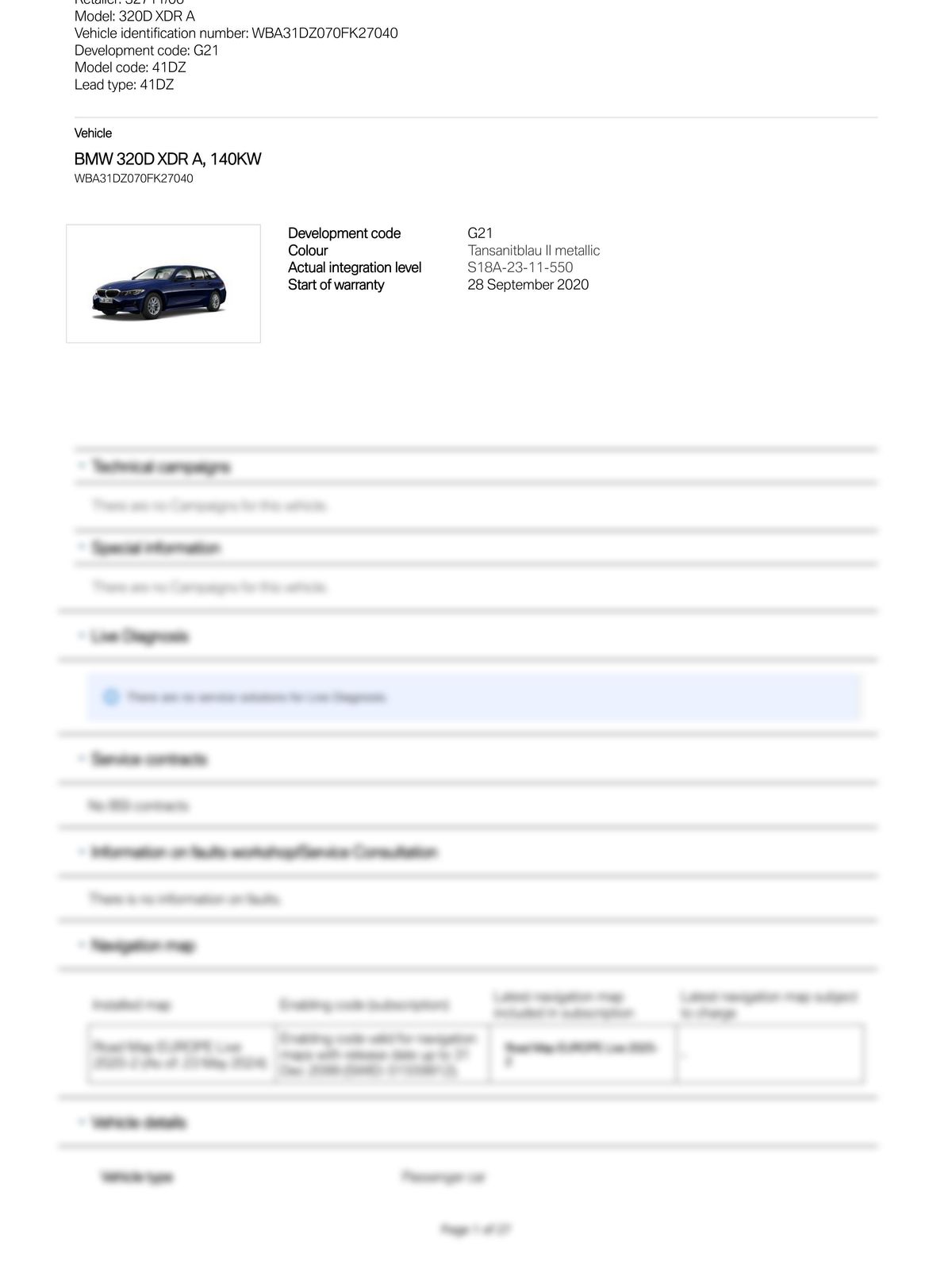 Service History Report VIN WBA31DZ070FK27040