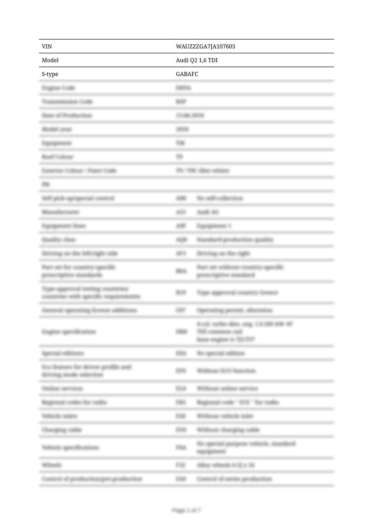 Build Sheet VIN WAUZZZGA7JA107605