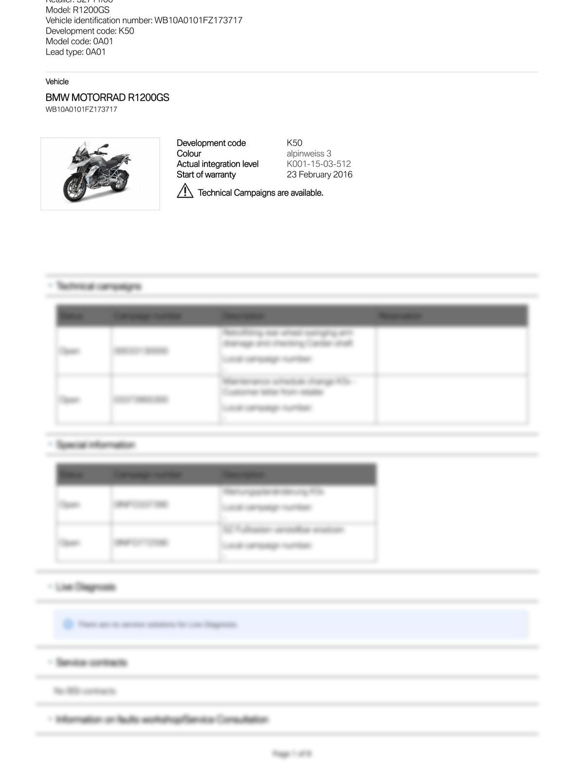Service History Report VIN WB10A0101FZ173717