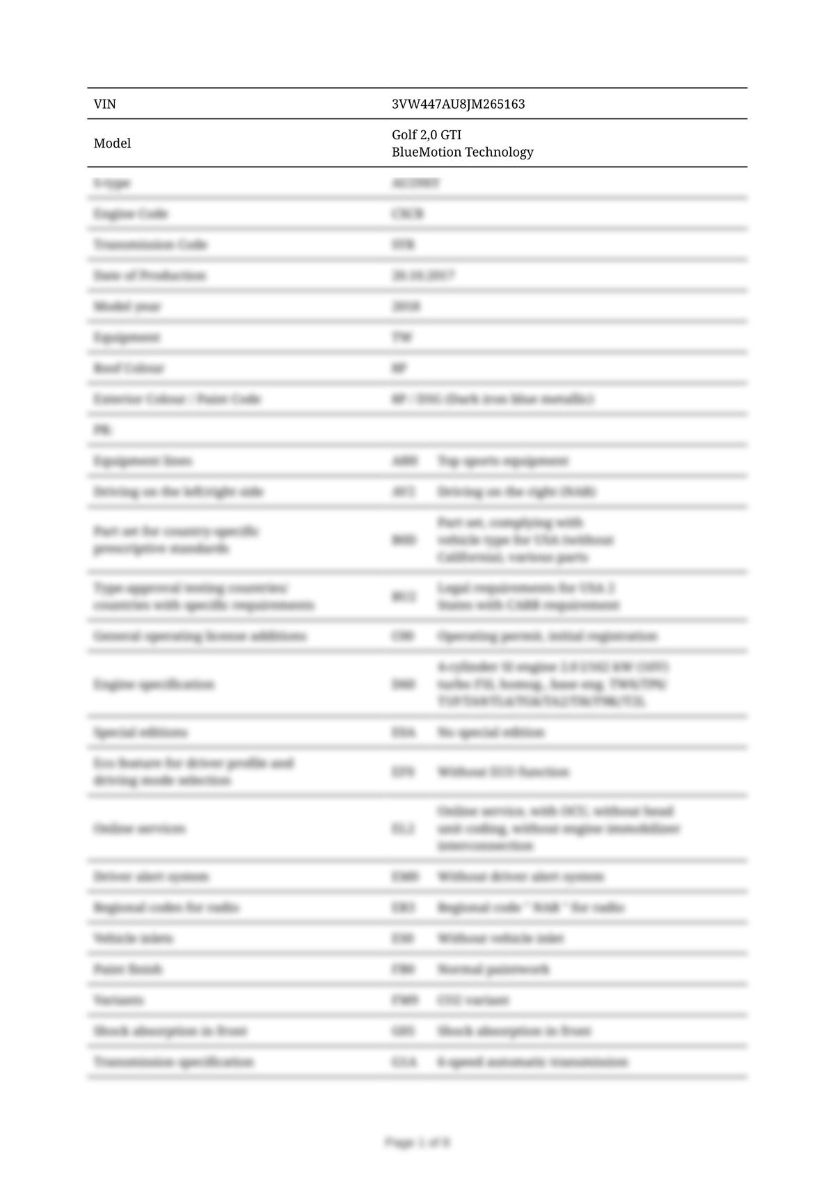 Build Sheet VIN 3VW447AU8JM265163
