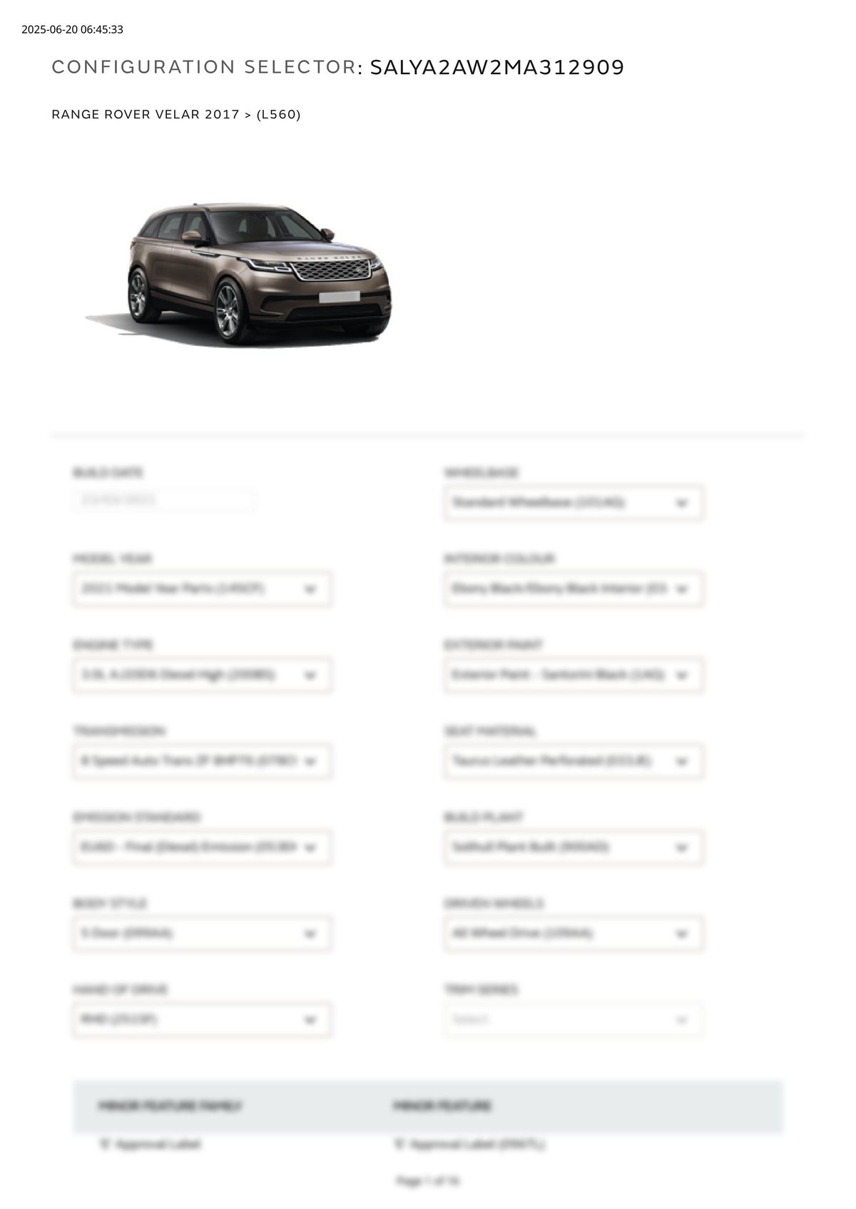 Build Sheet VIN SALYA2AW2MA312909