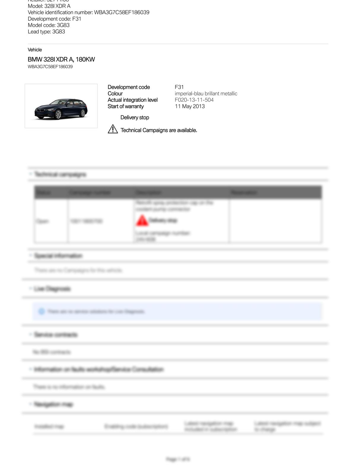 Service History Report VIN WBA3G7C58EF186039