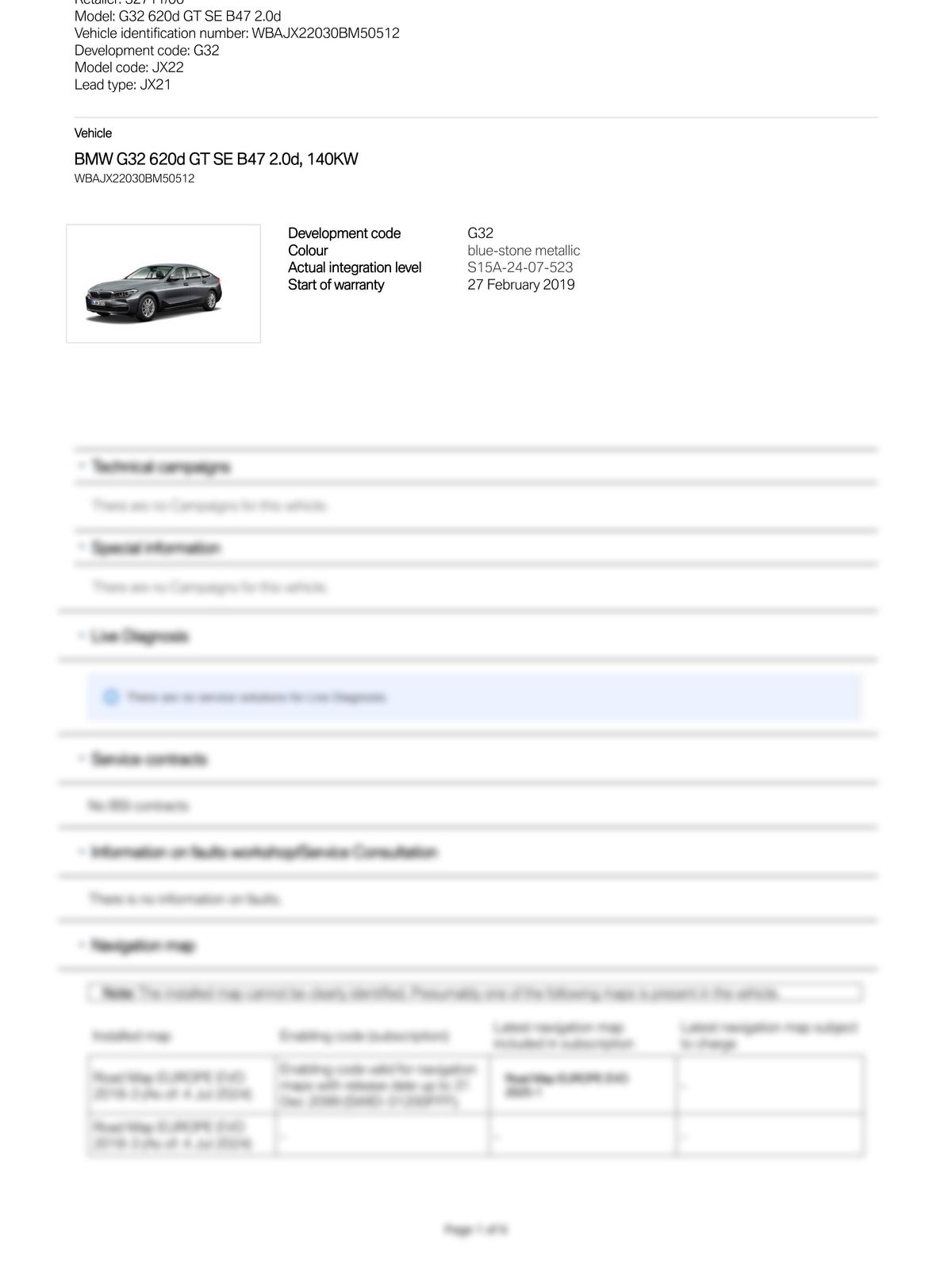 Service History Report VIN WBAJX22030BM50512