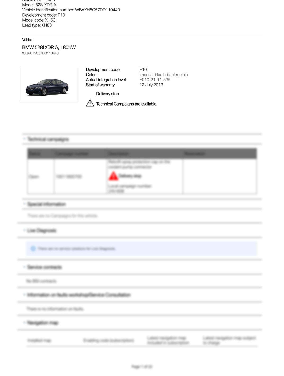 Service History Report VIN WBAXH5C57DD110440
